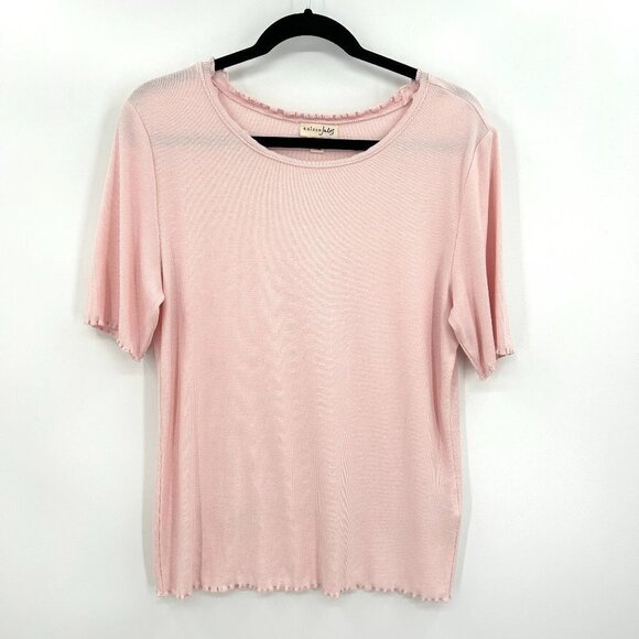 MAISON JULES Basic Light Pink Ribbed Scalloped Hem Short Sleeve Shirt Size XL - Picture 1 of 5